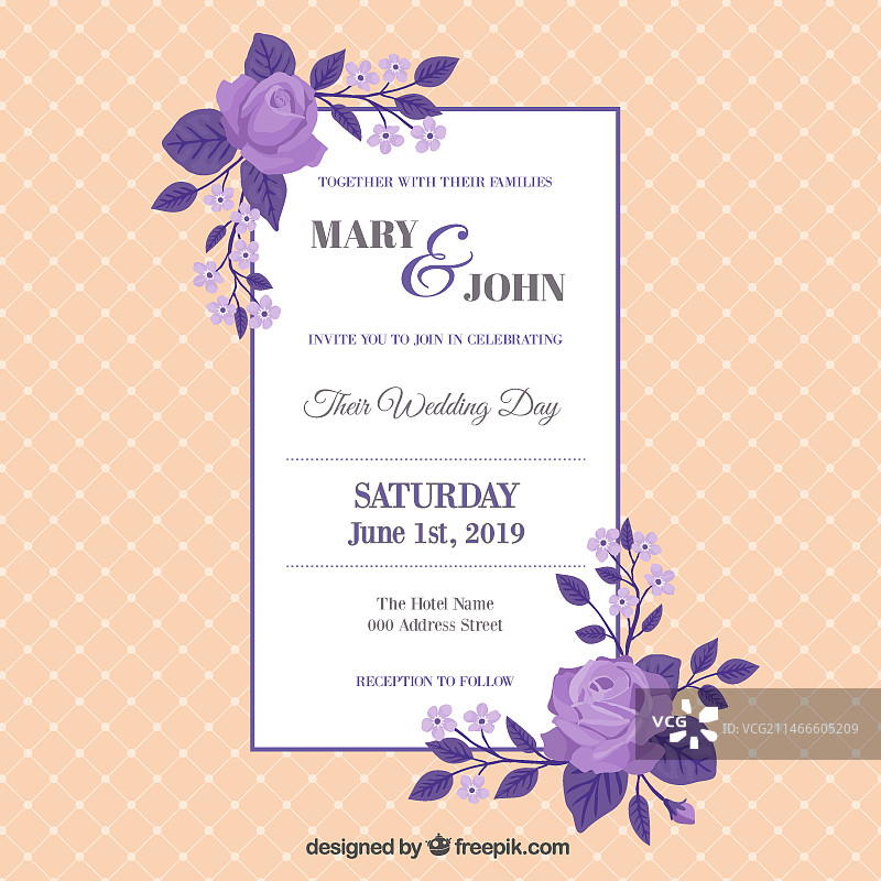 带有紫色玫瑰的复古婚礼卡片图片素材