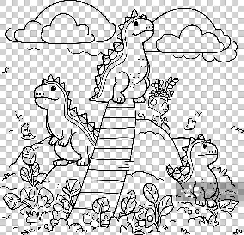 田野里有楼梯的可爱恐龙图案图片素材