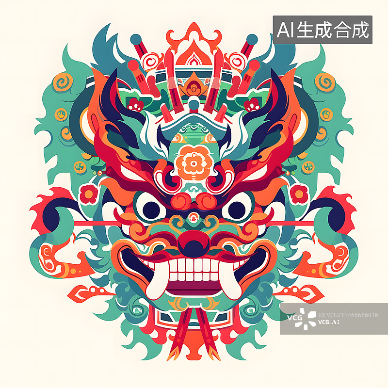 【AI数字艺术】抽象插画中国龙神兽图腾脸谱图片素材