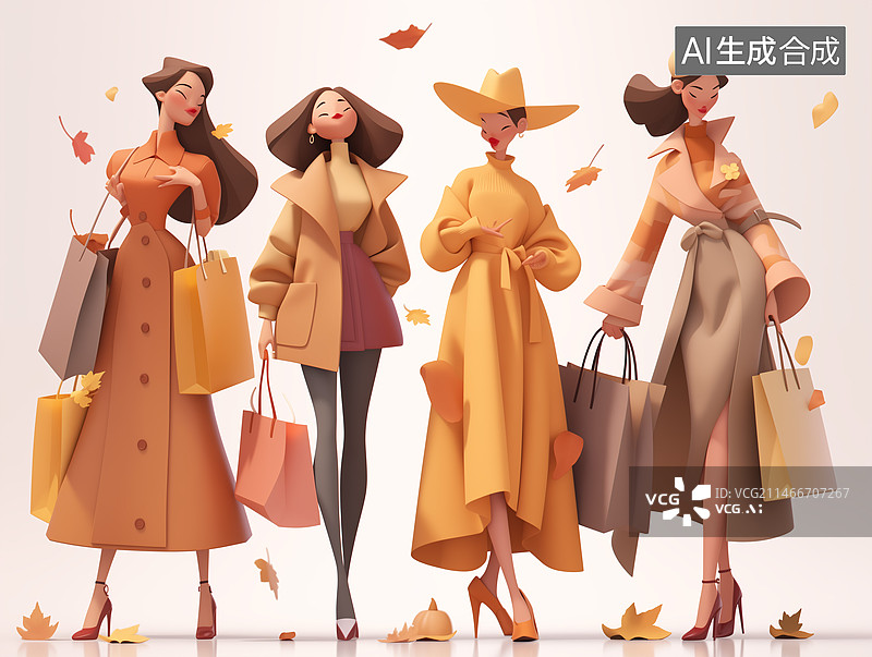 【AI数字艺术】时尚女子与闺蜜一起购物，人物亚洲面孔，手挽着购物袋，秋冬着装，时尚插画风格，建议画风新颖。图片素材