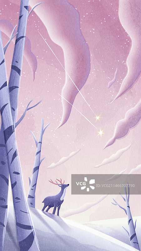 冬季雪地上仰望流星的公鹿手机壁纸图片素材