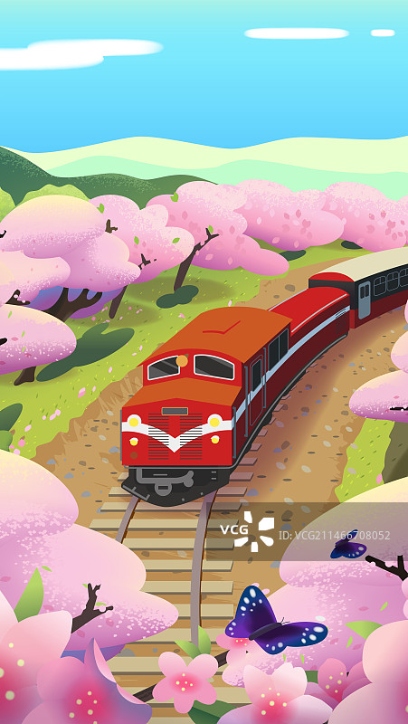 穿梭在樱花林的火车风景插画 手机壁纸图片素材
