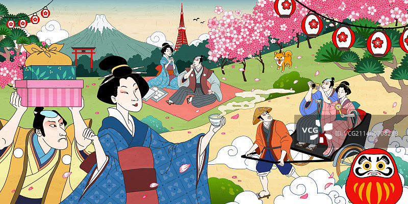 日本浮世绘风赏樱观光活动 手机壁纸插画图片素材