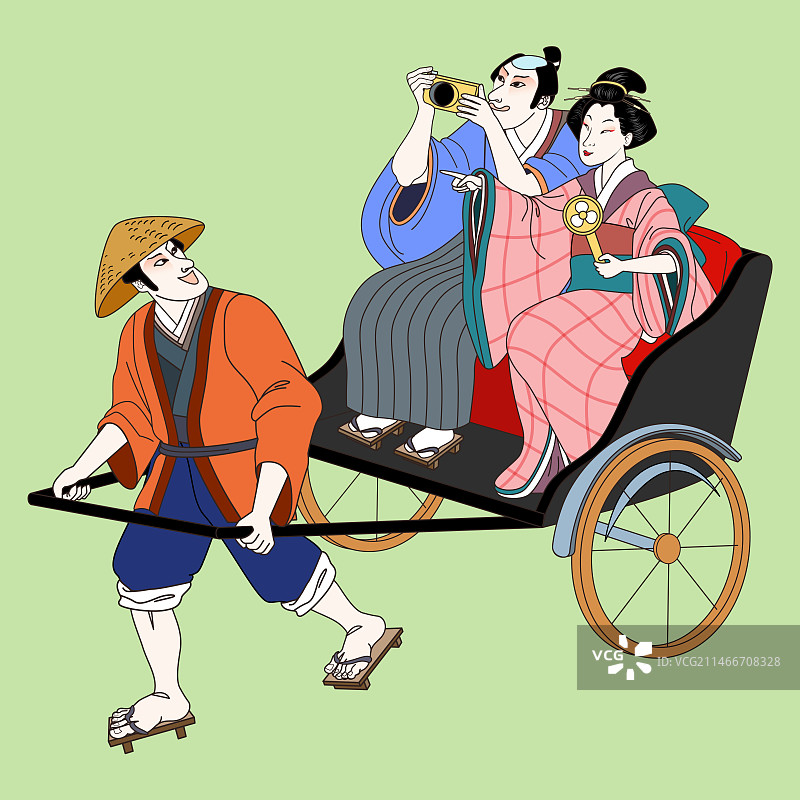日本浮世绘风 搭人力车旅游的观光客插图图片素材