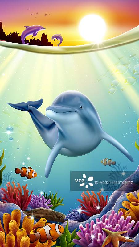美丽珊瑚礁与悠游海豚 手机壁纸插画图片素材
