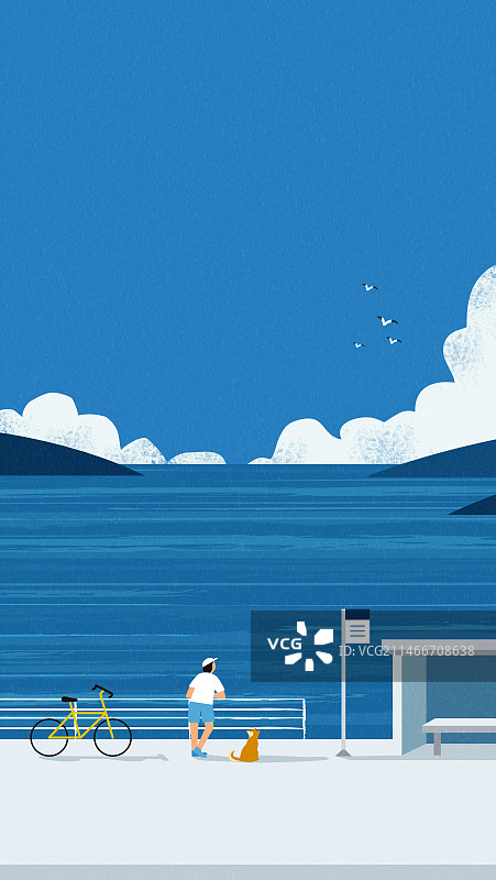 享受夏日宁静看海的男孩 手绘风手机壁纸图片素材