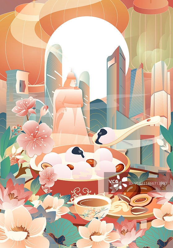 厦门元宵节城市建筑竖版插画图片素材