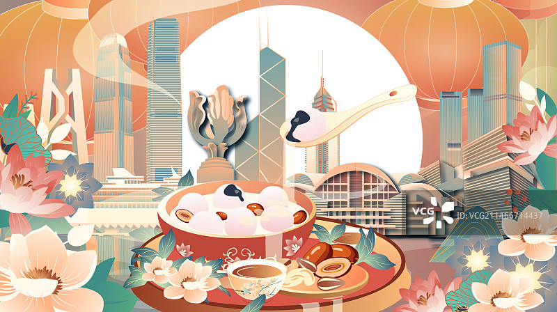 中国香港元宵节城市建筑横版插画图片素材