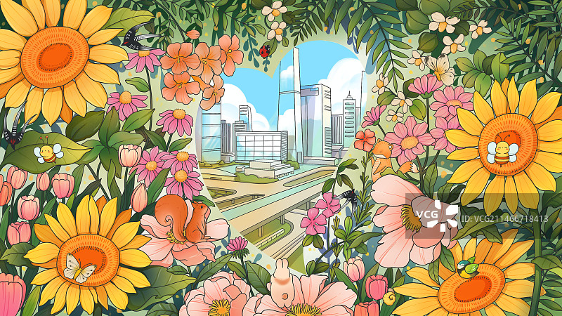 清新手绘花海中的城市图片素材
