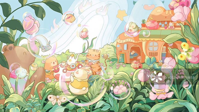 森林咖啡屋前的美好下午茶清新插画图片素材