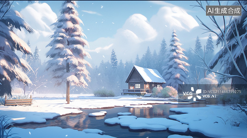 【AI数字艺术】冬天湖边雾凇下的小屋图片素材