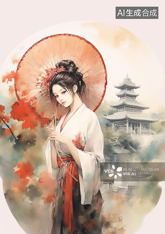 【AI数字艺术】水墨水彩风格中国风打伞的女孩图片素材