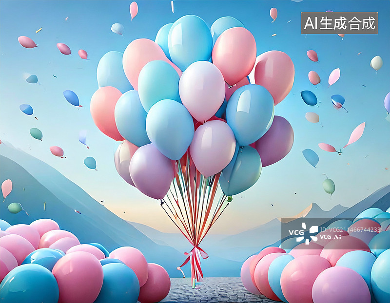 【AI数字艺术】节日气球，彩色气球在晴空下的低角度视图图片素材