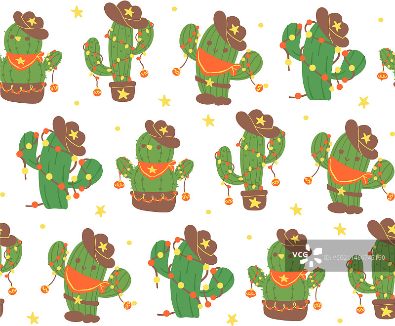 圣诞仙人掌牛仔卡通无缝图案图片素材