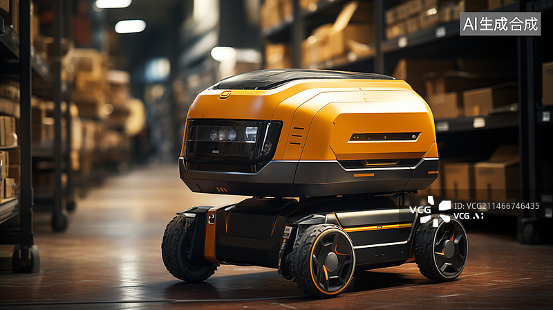 【AI数字艺术】仓库里的黄色叉车，无人仓库管理图片素材
