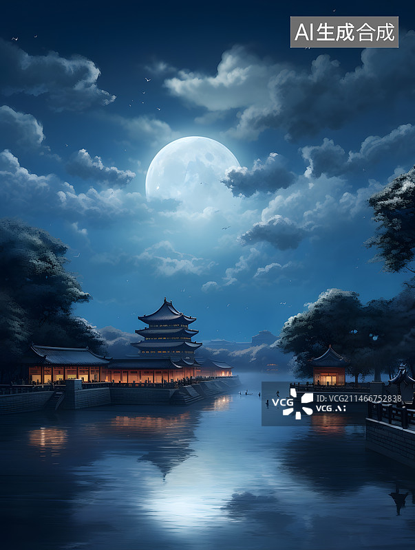 【AI数字艺术】城楼的夜晚月光图片素材