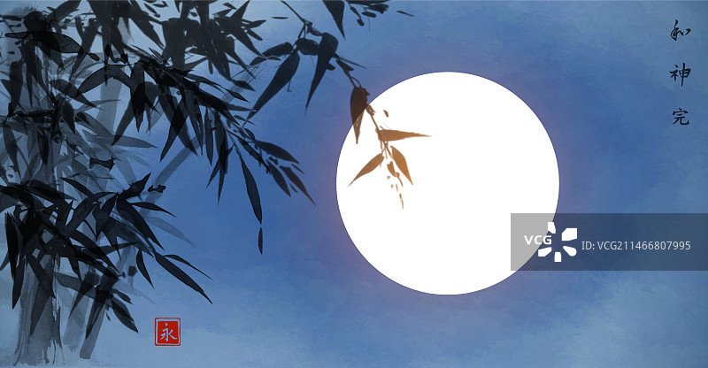蓝色夜空下的竹树与月亮图片素材