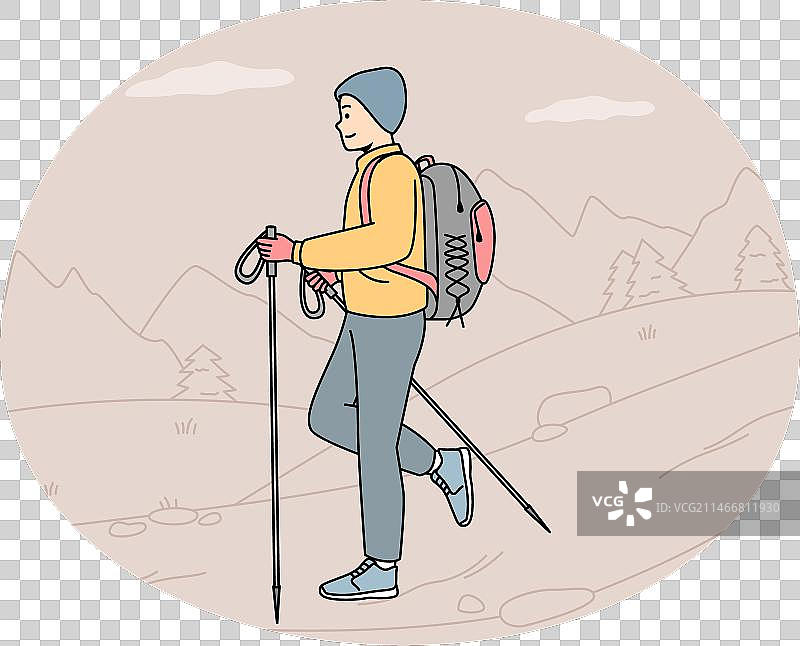男人手持越野行走杖户外健行图片素材
