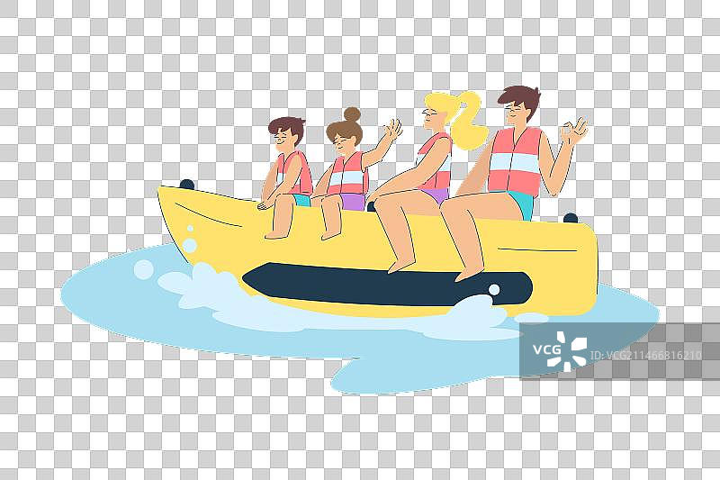 快乐家庭乘坐香蕉船享受度假图片素材
