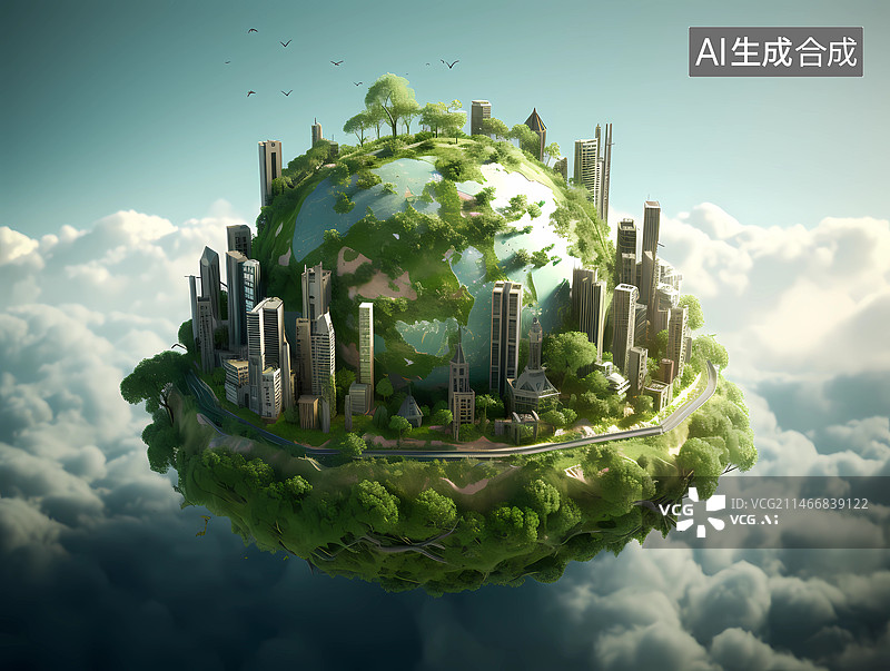 【AI数字艺术】环境保护主题插画——绿色星球，人与自然和谐相处图片素材