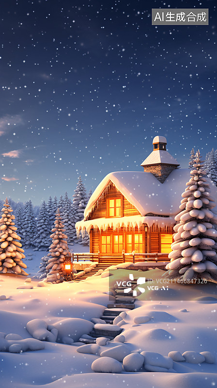 【AI数字艺术】大雪景观中的小木屋，圣诞节概念场景插图图片素材