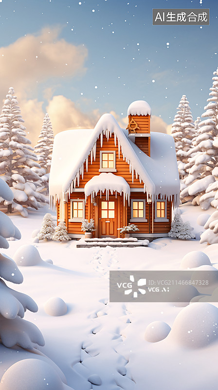 【AI数字艺术】大雪景观中的小木屋，圣诞节概念场景插图图片素材