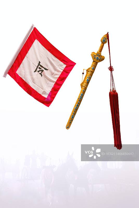 河南地方戏戏曲道具，令旗，宝剑，乐器，铜器图片素材