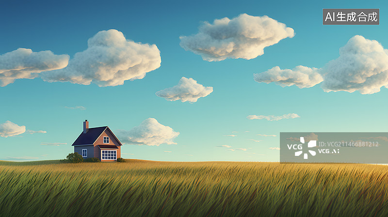 【AI数字艺术】极简田野房子插画图片素材