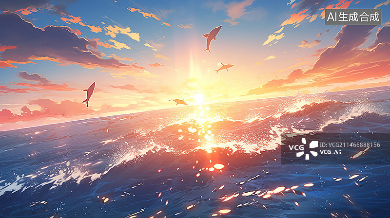 【AI数字艺术】夕阳下海豚跃出水面新海诚风格图片素材