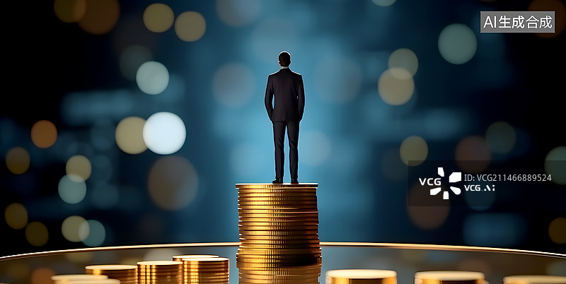 【AI数字艺术】一个商务人士站在金币上金融微缩场景图片素材