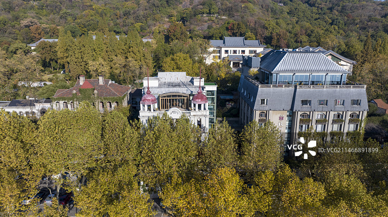 西湖秋冬季航拍新新饭店东楼中楼西楼鸟瞰图片素材
