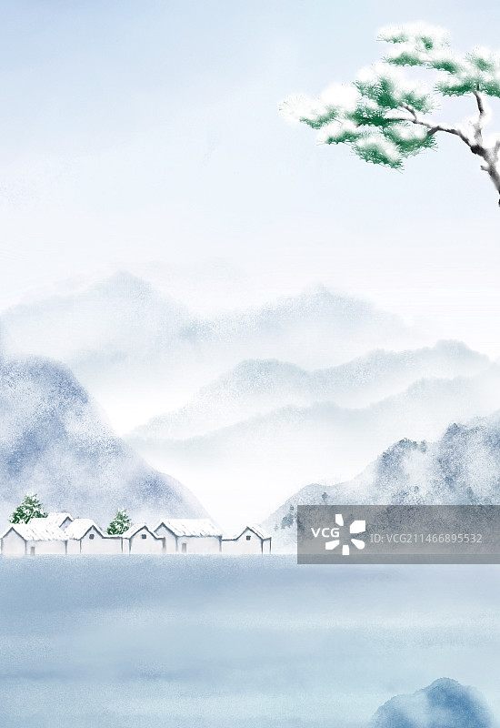 冬天山水中式插画图片素材
