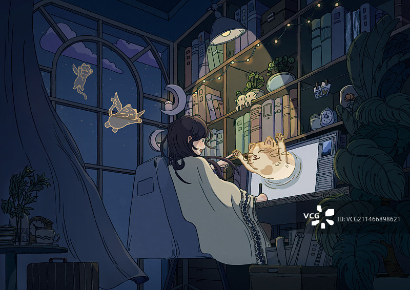 画画人的奇喵夜-正在画画的小女孩看到自己画的小猫咪从屏幕中穿越而来图片素材