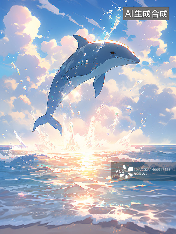 【AI数字艺术】新海诚风格的海面上从浪花中跳起的海豚图片素材