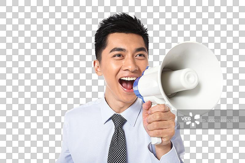 商务男士拿着话筒大喊图片素材
