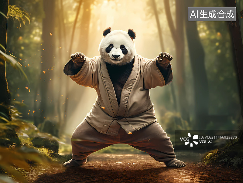 【AI数字艺术】手绘风插画——一只在竹林里打太极的熊猫图片素材