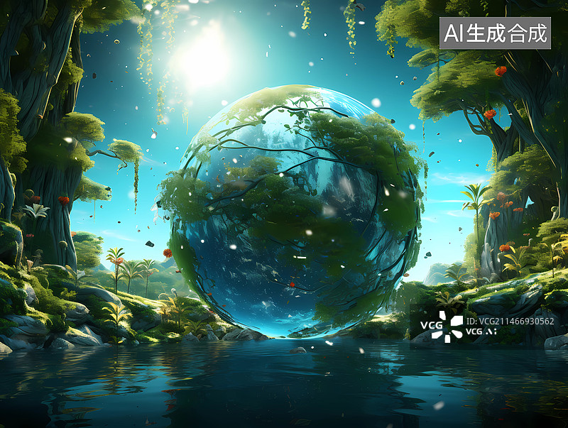 【AI数字艺术】环境保护主题——一颗充满绿色与蓝色的星球，人与自然和谐相处图片素材