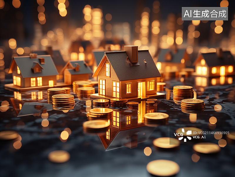 【AI数字艺术】金币和房屋模型，桌上硬币和模型房屋的高角度视图图片素材