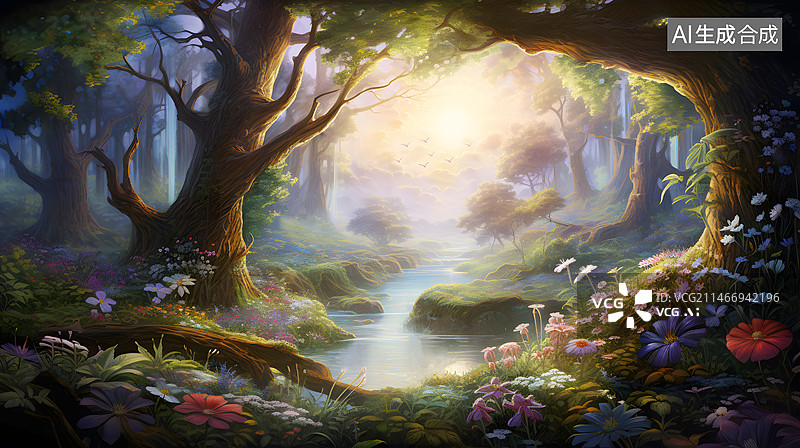 【AI数字艺术】AIGC:神奇的大自然 户外风景  森林 草地 花草  背景  插画图片素材