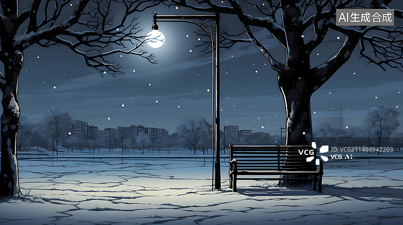 【AI数字艺术】AIGC:冬天公园路灯下的长椅 户外风景 下雪 寒冷 夜晚图片素材