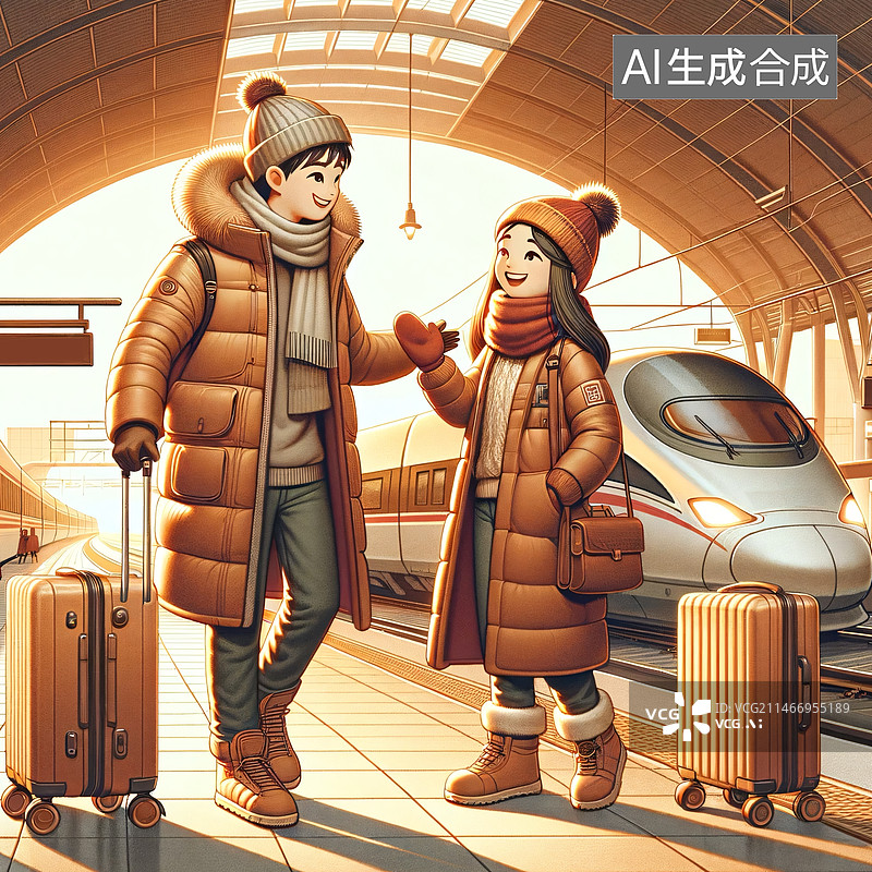 【AI数字艺术】在高铁车站打招呼的年轻人图片素材