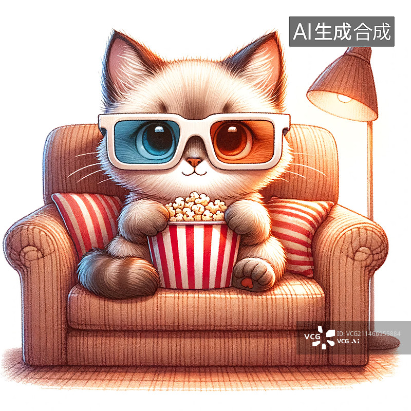 【AI数字艺术】戴着3D眼镜坐在沙发上看电影的猫图片素材