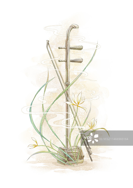 古风二胡兰花仿水彩小清新元素图片素材