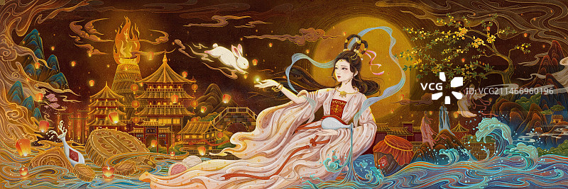 中秋大场景嫦娥月兔唐风长安氛围感插画图片素材