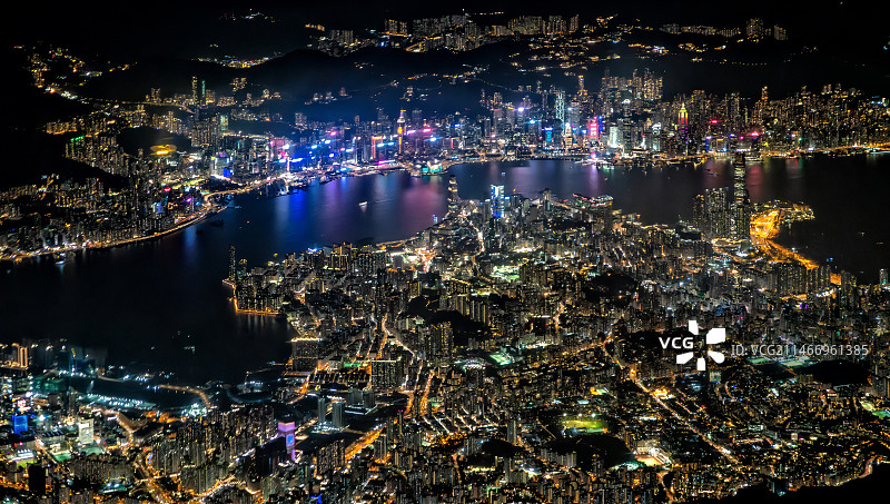 香港维多利亚港夜景九龙半岛航拍图片素材