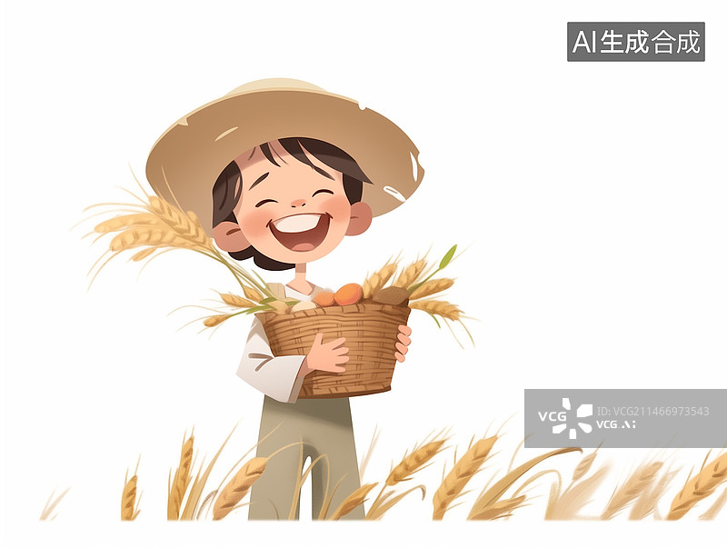 【AI数字艺术】纯白色背景，小男孩带着草帽，拿着一筐成熟麦子，开怀大笑，插画风格图片素材