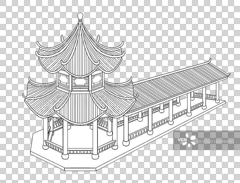 中式建筑古代建筑凉亭八角亭白描线稿图片素材