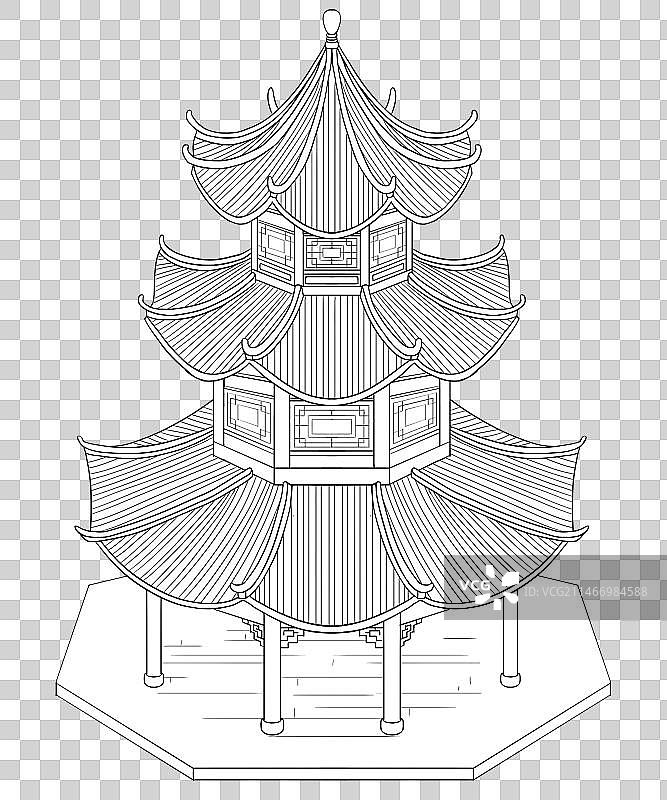中式建筑古代建筑凉亭八角亭白描线稿图片素材