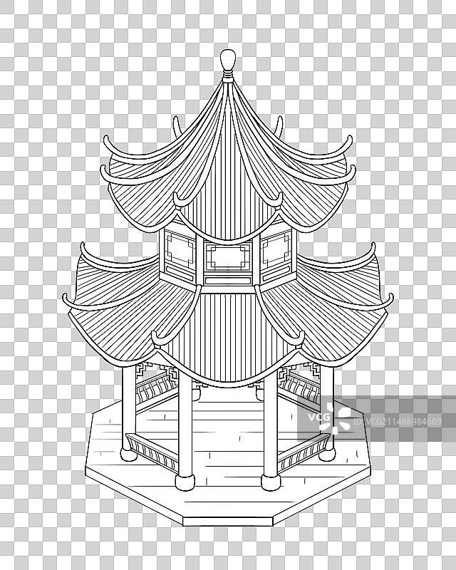 中式建筑古代建筑凉亭八角亭白描线稿图片素材