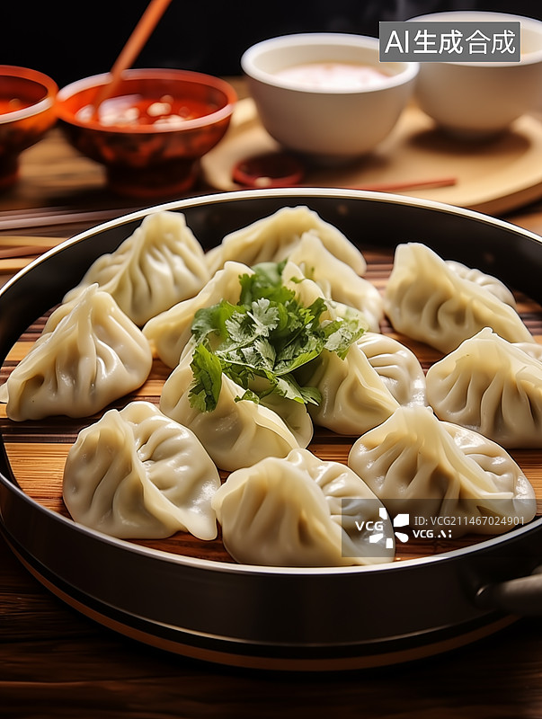 【AI数字艺术】桌上盘子里的饺子特写镜头，春节饺子,年夜饭图片素材